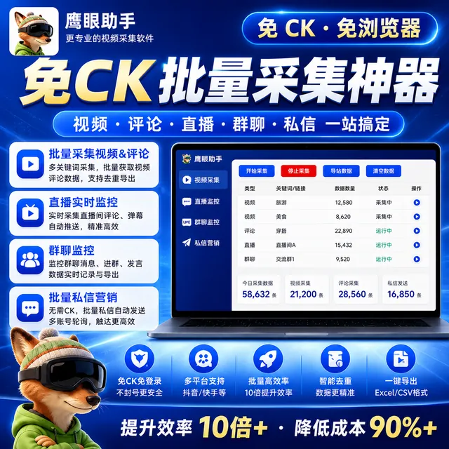 鹰眼免ck免登陆抖音视频、评论区批量采集、直播间粉丝群24小时监控，批量私信关注点赞商品图