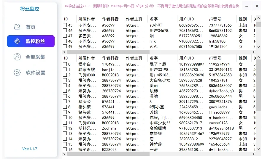 抖音采集博主粉丝列表-批量采集或导入博主主页后监控最新实时粉丝及全部粉丝列表提取详情图片