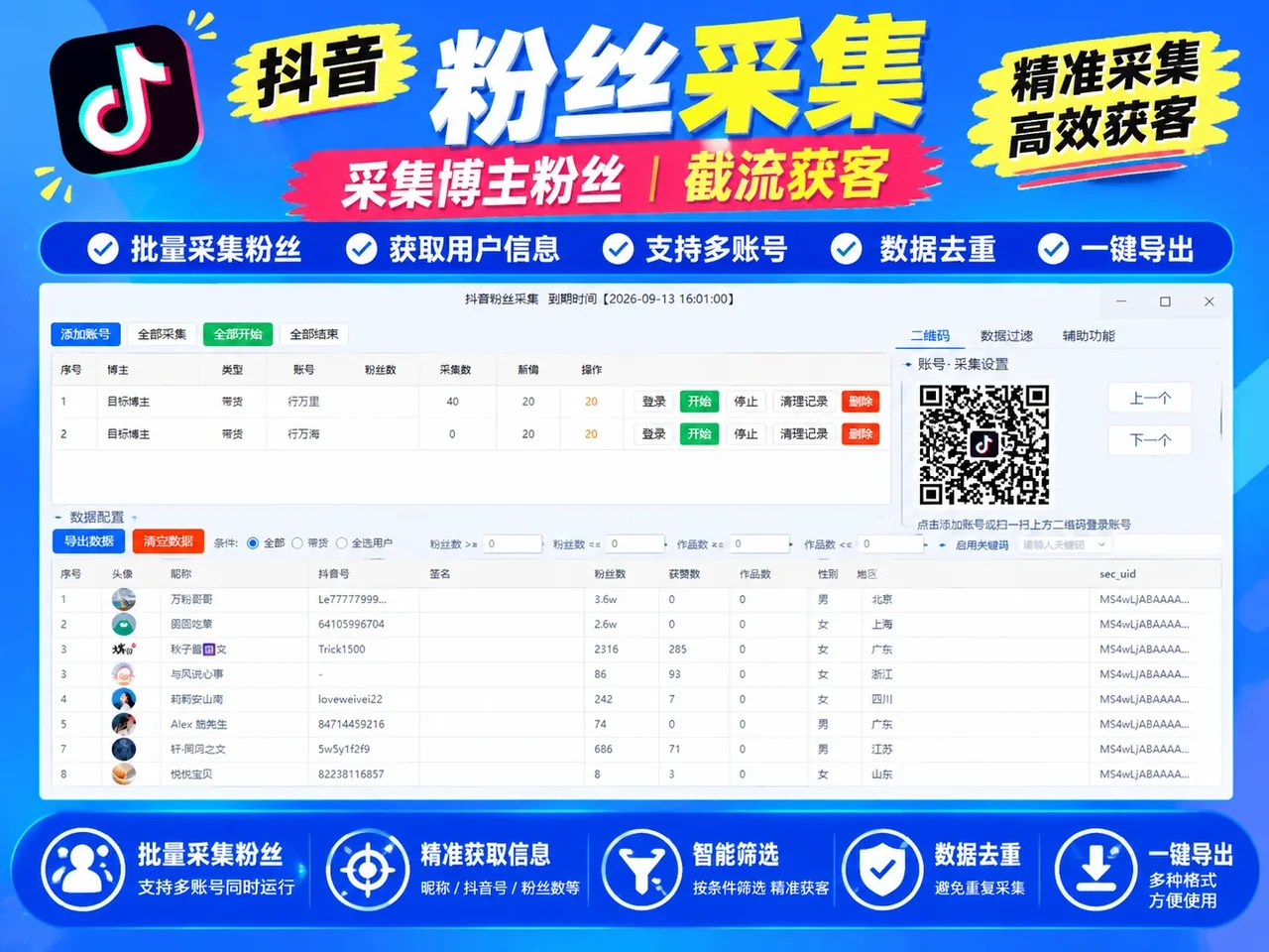 抖音粉丝采集|博主粉丝采集工具|批量采集抖音号、UID、联系方式商品展示