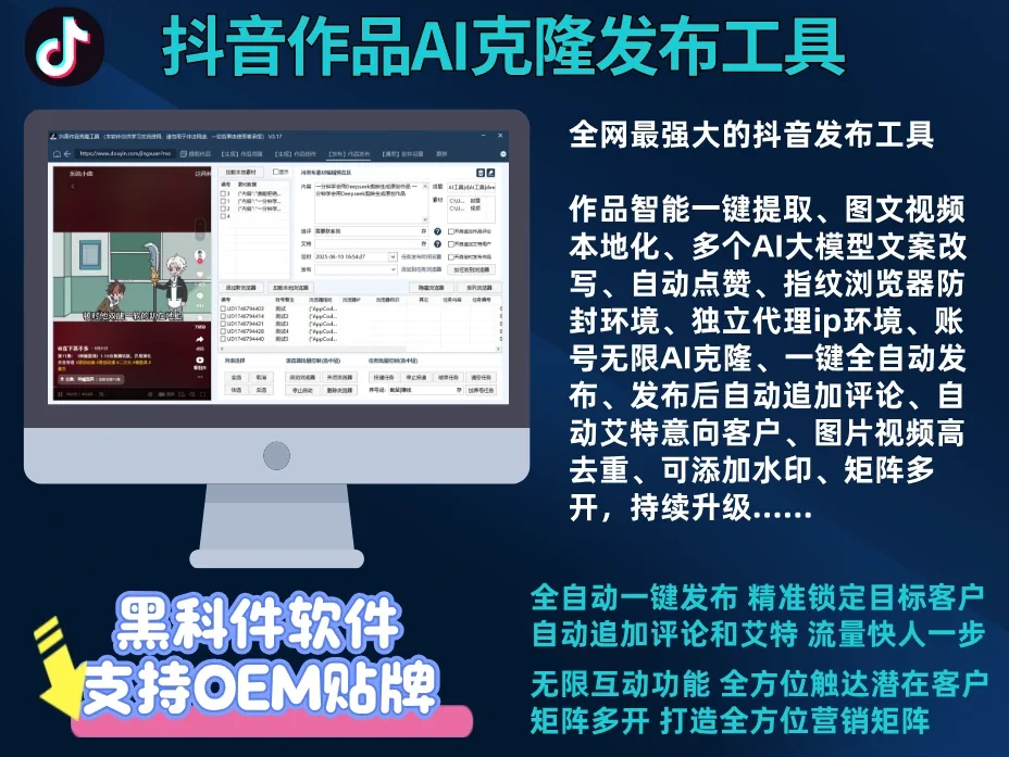 抖音AI矩阵克隆发布工具(正版自动更新)-AI智能一键改写/最方便好用的多账号视频图文批量克隆搬运/指纹防封环境详情图片
