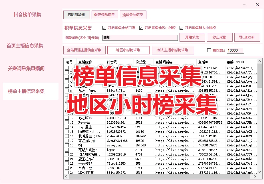 抖音直播间榜单主播信息采集详情图片