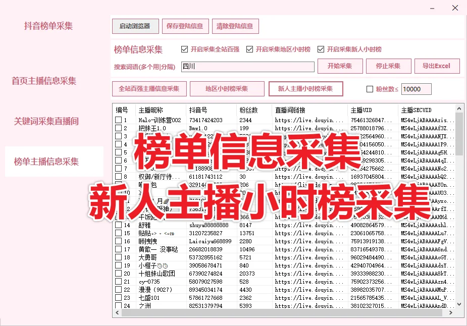 抖音直播间榜单主播信息采集商品展示