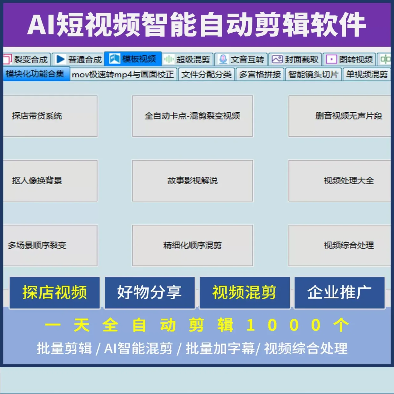RPA全自动AI批量视频剪辑系统-视频字幕音乐探店好物AI智能分割切片混剪|剪辑只需一个软件搞定详情图片